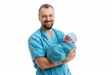 Pediatrician doctor holding a newborn baby in hospital, concept of childbirth and healthcare professionals