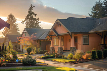 Dawn's light breaking over a soft peach Craftsman style house, a suburban neighborhood waking to the sounds of nature, peaceful and invigorating morning atmosphere