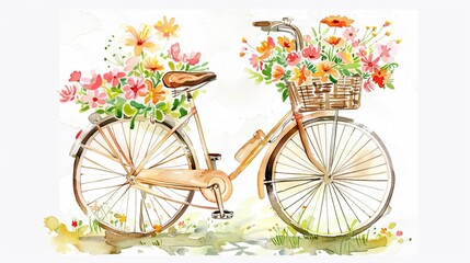 Fototapeta na wymiar Charming watercolor illustration of a woman's bicycle with a basket full of vibrant, colorful flowers