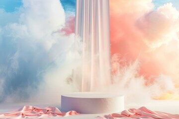 Close up white display podium for luxury product banners in dreamy pastel color clouds