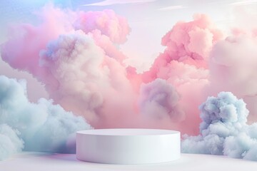 Close up white display podium for luxury product banners in dreamy pastel color clouds - obrazy, fototapety, plakaty