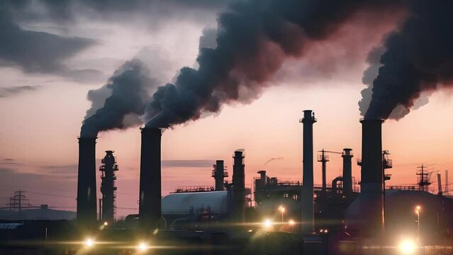 The factory emits smoke from the chimney which is set at dusk