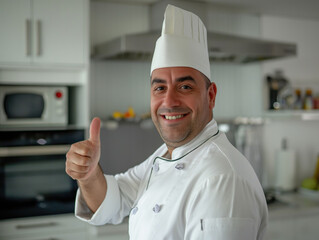The chef in the restaurant kitchen smiles and shows a thumbs up.