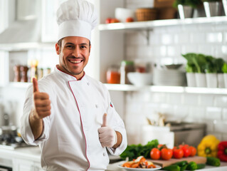 The chef in the restaurant kitchen smiles and shows a thumbs up.