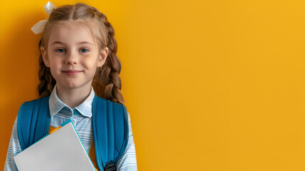 Happy smiling 10 year old mixed race girl blue shirt with backpack and books, ready to go to school, yellow background. Smiling looking at the camera, holding a book in her hands, Back To School, 