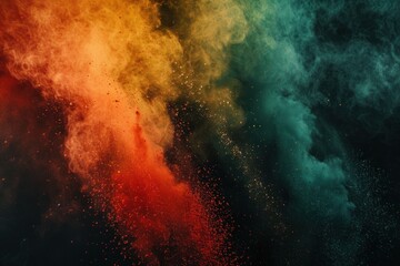 Colored powder explosion. Explosive splash red, yellow, green color powder dusk on black background