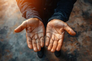 Human hands open palm up worship with faith in religion and belief in God - obrazy, fototapety, plakaty