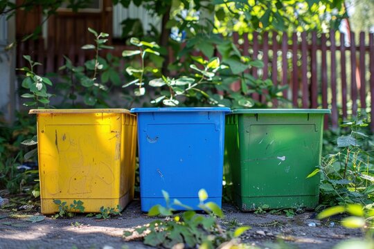 Green, yellow, blue bins for recycle plastic, paper and glass trash. Environmental awareness, recycling