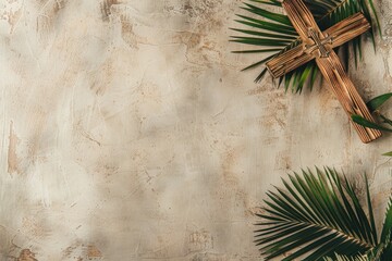 Palm Sunday background Wooden cross and palm leaves on neutral background with copy space