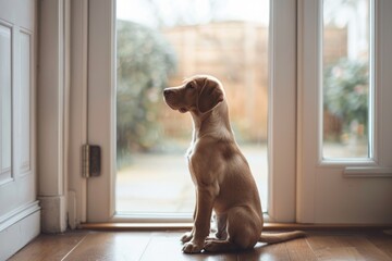 Puppy dog patiently sitting by front door, eagerly awaiting an outing with their owner - obrazy, fototapety, plakaty