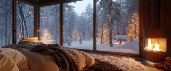 A cozy winter bedroom with large windows overlooking the snowy landscape