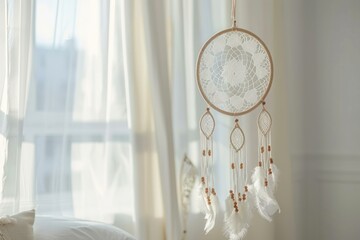 White handmade dreamcatcher in bedroom. Interior decoration. Beautiful dream catcher inside white room at home