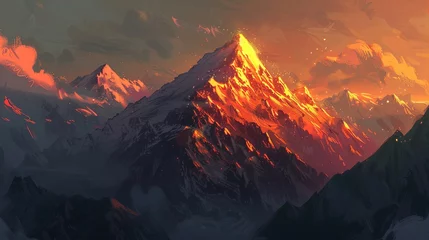 Fotobehang Apex Aflame: An epic saga of mountains set ablaze by the first light of dawn. © Alex