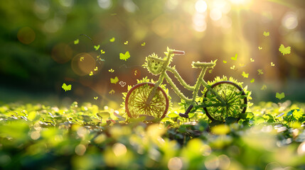 World bicycle day concept. Green bicykle with globe on green background ,Bicycle made from green grass - environmental awareness - ecology concept  - obrazy, fototapety, plakaty