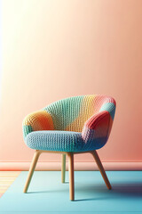 beautiful knitted chair on pastel colors background