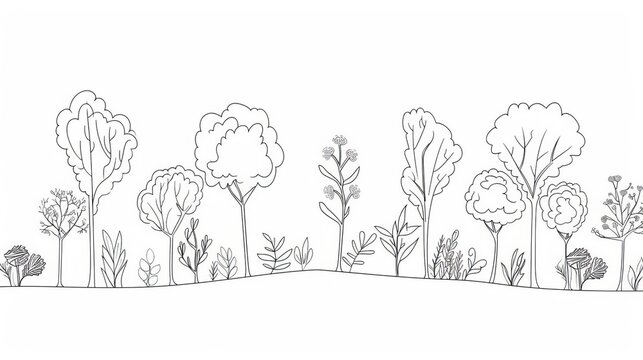 Continuous one-line drawing of trees and plants forming a forest, symbolizing ecology, nature, and the environment, vector illustration
