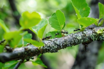 ants in forest carry leaves on a branch