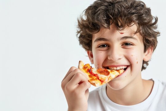 Happy teenager enjoys eating delicious slice of pizza