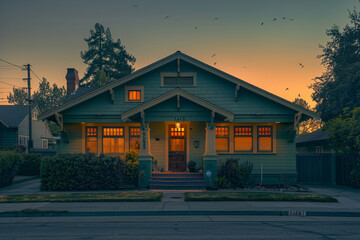 Morning breaking with a warm orange glow on a sage green Craftsman style house, suburban tranquility as the neighborhood awakens, birds chirping softly in the background - obrazy, fototapety, plakaty