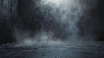 Dark empty studio room with concrete walls and smoke, abstract background for product display, 3D rendering