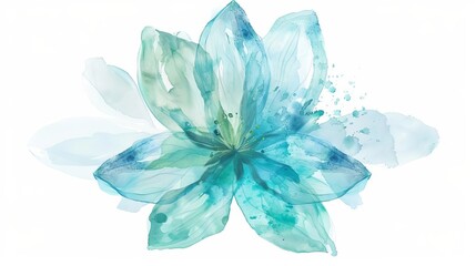 Delicate abstract floral shape in sky blue and mint green, isolated on white - Watercolor illustration