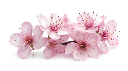 Delicate pink cherry blossom flowers blooming against a pure white background, capturing the beauty and serenity of spring