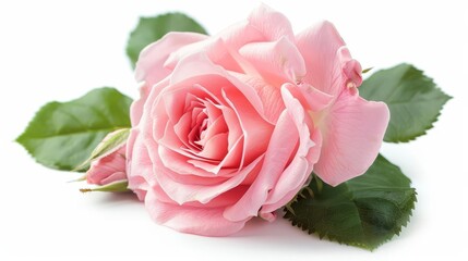 Obraz premium Delicate pink rose flower with soft petals and green leaves, isolated on pure white, studio shot
