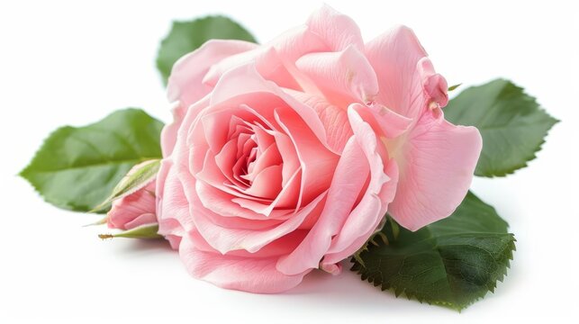 Delicate pink rose flower with soft petals and green leaves, isolated on pure white, studio shot