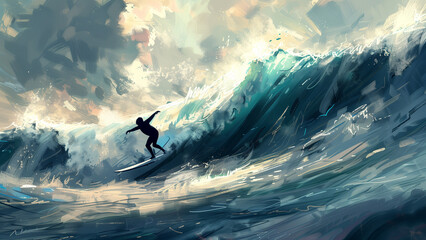 Sunset Surf: Maneuvers in the Blue Sea - obrazy, fototapety, plakaty