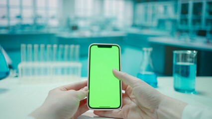 Smartphone with Green Screen on Research Biochemistry lab Desk. Advertising area, workspace mock up.