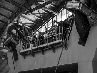 station overhead conveyor at the cable car station - black and white photo