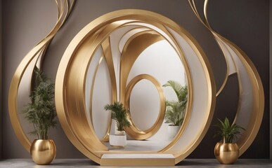 bohemian style. Eco friendly And the bending of the golden round frame into the overlap of the art dimension on the catwalks can be used for advertising, Izo. , luxury design. trendy. high quality pho