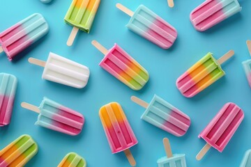 Colorful ice cream popsicles on blue background