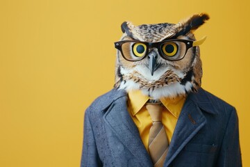 Cool looking owl bird wearing funky fashion dress - jacket, shirt, tie, glasses