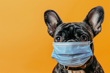 dog with bulging big eyes in medicine mask over color solid bright background