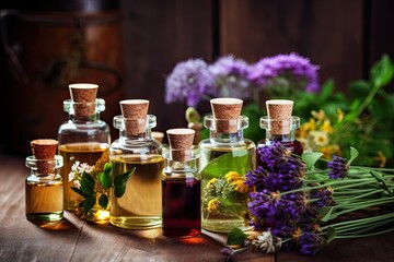 Obraz na płótnie Canvas Essential Oils concept, essential oils and medical flowers herbs - aromatherapy, bottle, essential flowers and herbs,