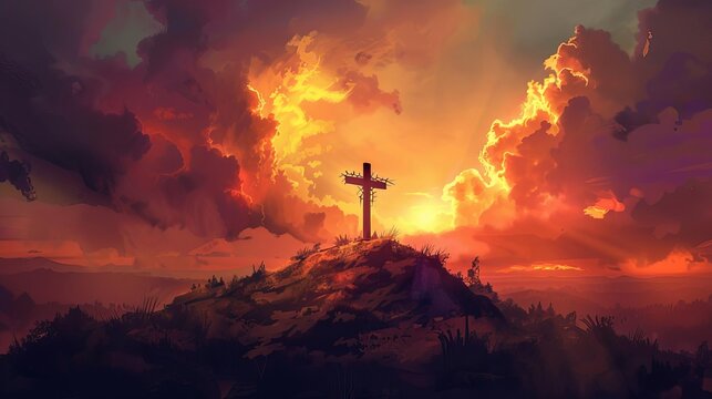 Dramatic Calvary scene with illuminated cross, robe and crown of thorns on a hill at sunset, digital painting