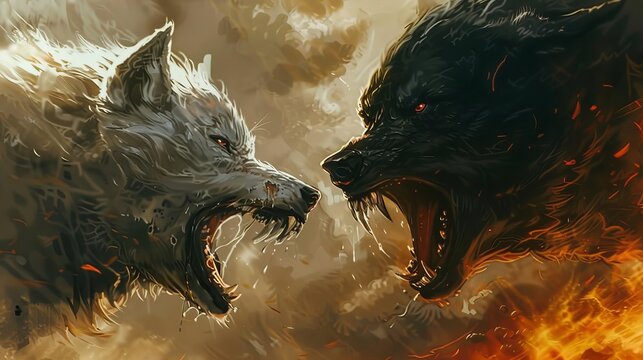 Dramatic fantasy illustration featuring a white wolf and a black wolf in a fierce face-off, symbolizing the eternal battle between good and evil