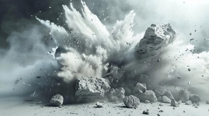 Dramatic rock explosion with white powder debris floating in the air, abstract 3D illustration