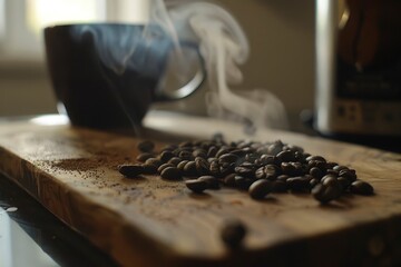 A wooden board with coffee beans on it and a cup of coffee next to it. Concept of warmth and comfort - obrazy, fototapety, plakaty