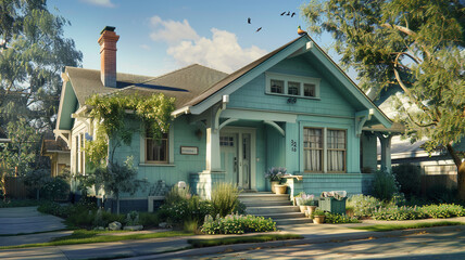 The freshness of morning light on a pastel turquoise Craftsman style house, suburban calm with the light chirping of birds, a new day dawning, quiet and fresh - obrazy, fototapety, plakaty