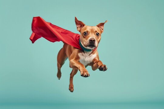 Cute Dog in Superhero Cape Levitating, Teal Background