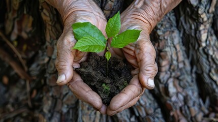 Elderly hands holding sapling against backdrop of old tree, circle of life concept photo - obrazy, fototapety, plakaty