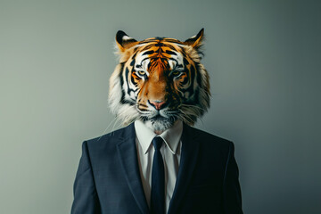 Businessman with the head of a tiger wearing a suit - obrazy, fototapety, plakaty