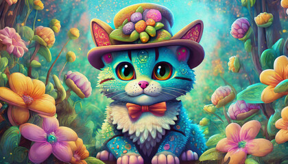 Oil painting style cat in hat with flowers illustration 