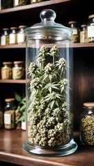 Jar filled with dried cannabis on a shelf with other medicinal herbs
