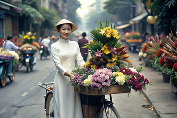 Fototapeta premium elegant woman on street with a bike full of lotus, sunflowers, roses, green fruits, and various types of orchids, and many other colorful flowers.