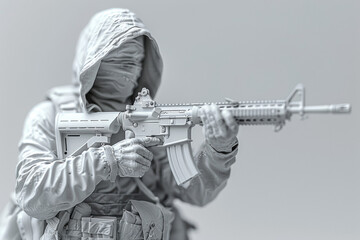 white plastic model of a disguised hooded fighter with a machine gun