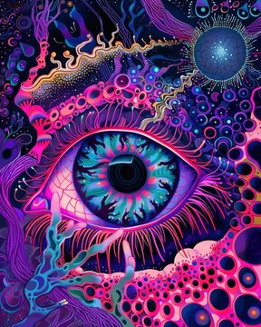 A colorful painting of an eye with a blue iris and purple lashes. The eye is surrounded by a purple background with a green and pink swirl. The painting has a dreamy, surreal feel to it