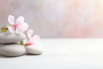 Fototapeta na wymiar Spa concept with smooth stones and flowers on light background. Copy space